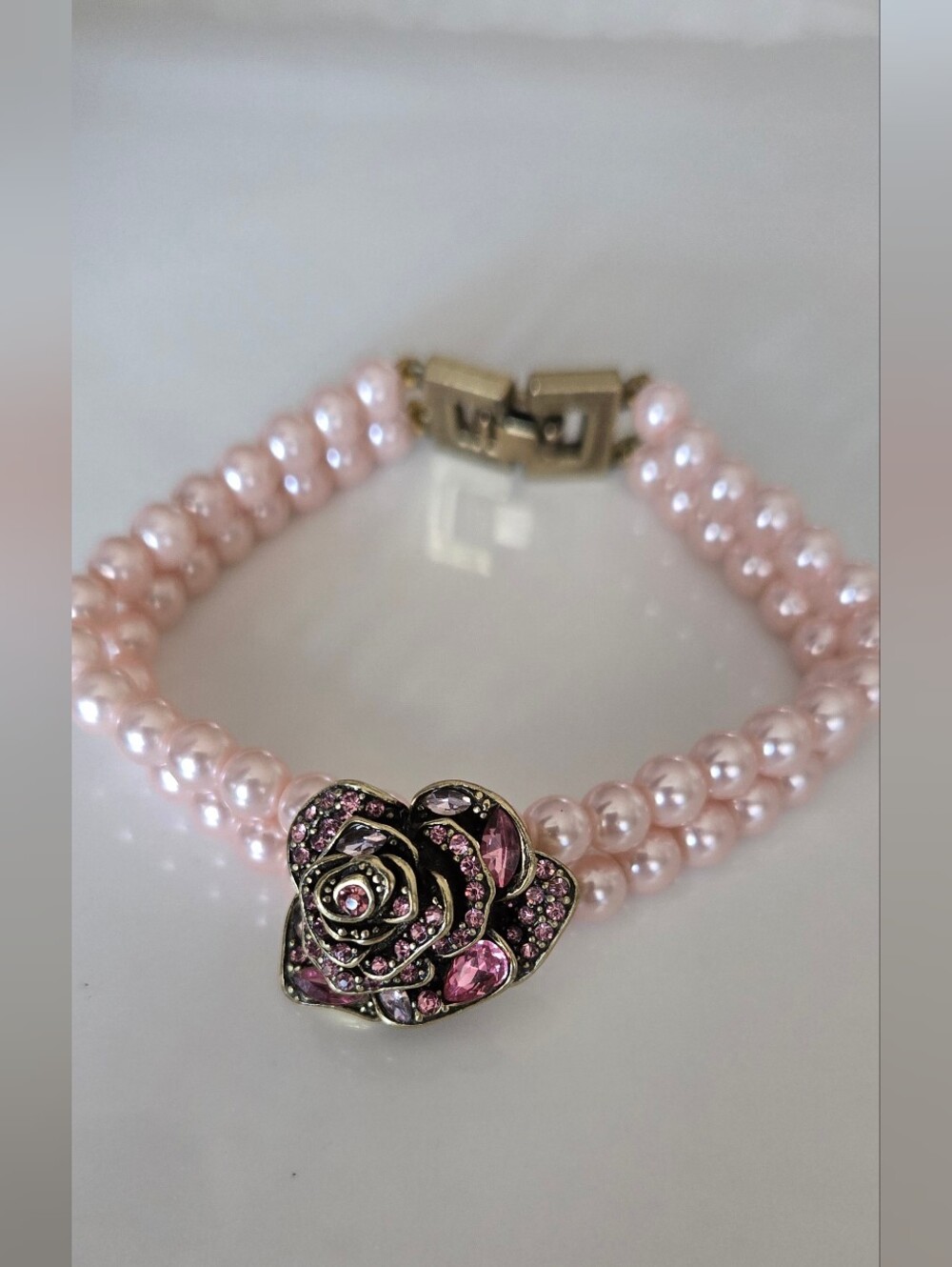 Heidi Daus Pink Pearl Double-Strand Bracelet with Rose Crystal Clasp